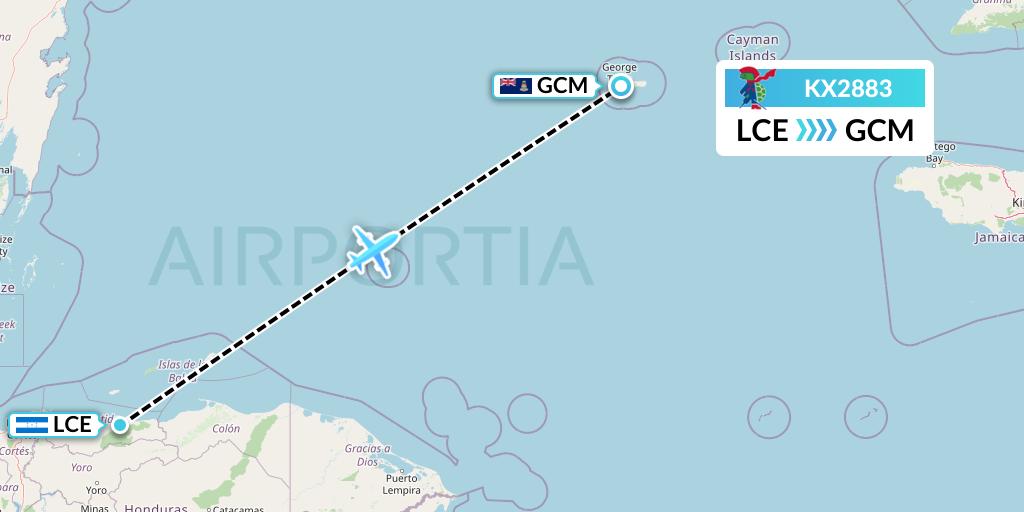 KX2883 Cayman Airways Flight Map: La Ceiba to George Town