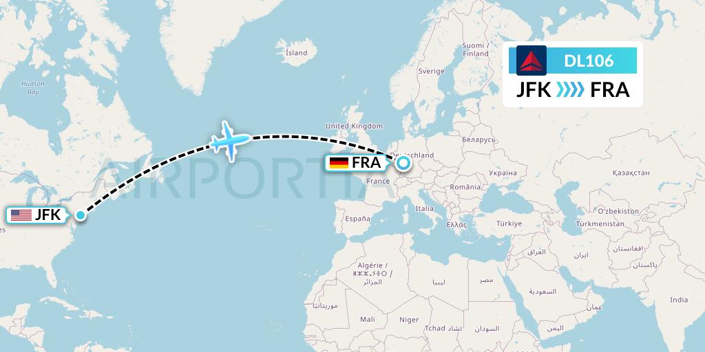 DL106 Delta Air Lines Flight Map: New York to Frankfurt