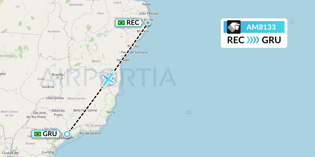 AM8133 Aeromexico Flight Map: Recife to Sao Paulo