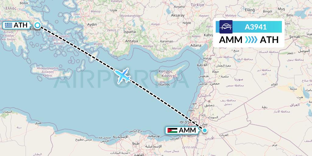 A3941 Aegean Airlines Flight Map: Amman to Athens