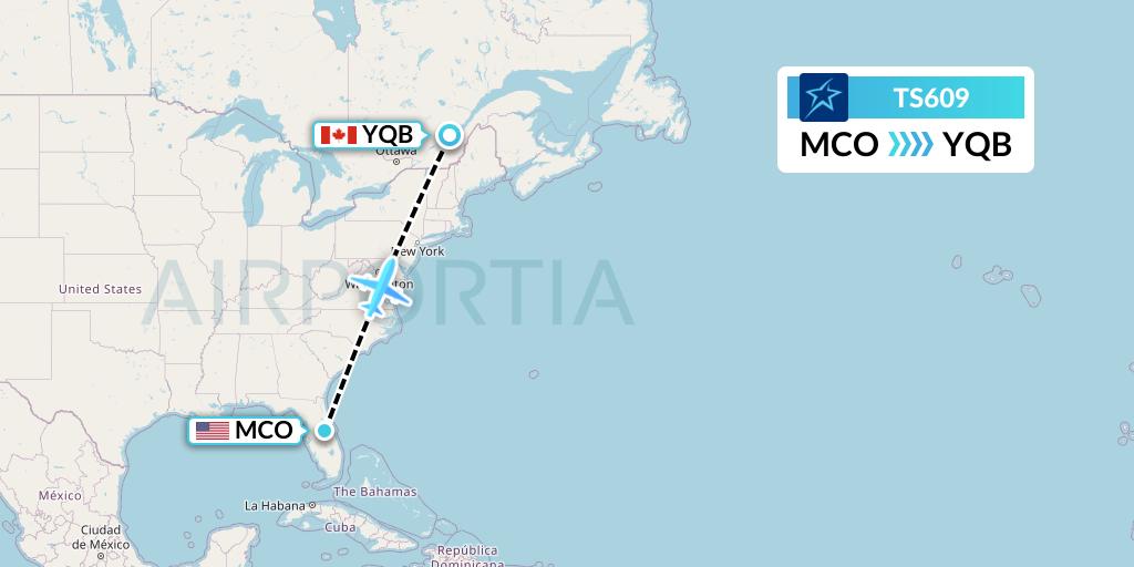 TS609 Air Transat Flight Map: Orlando to Quebec