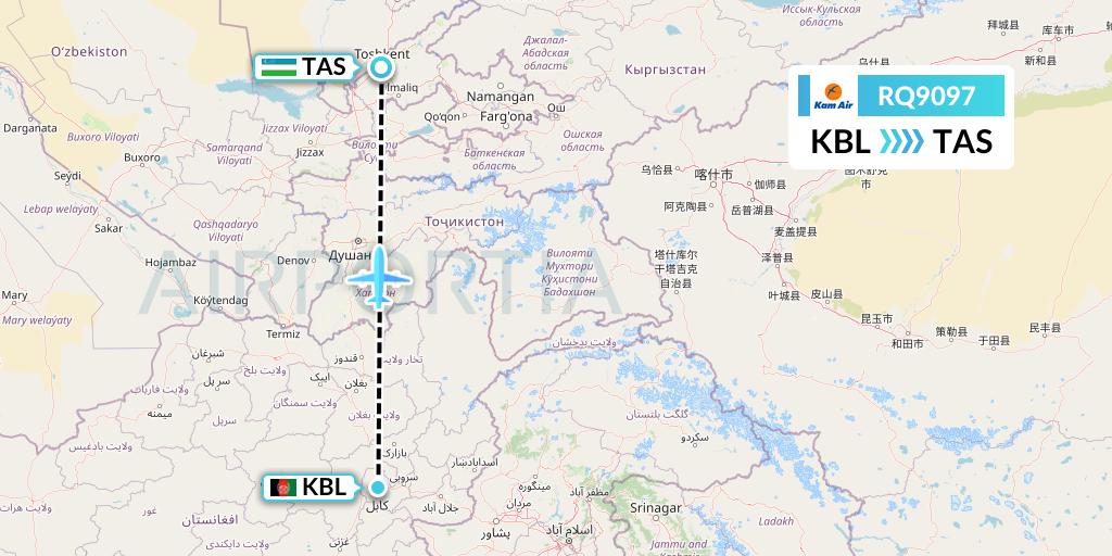 RQ9097 Kam Air Flight Map: Kabul to Tashkent