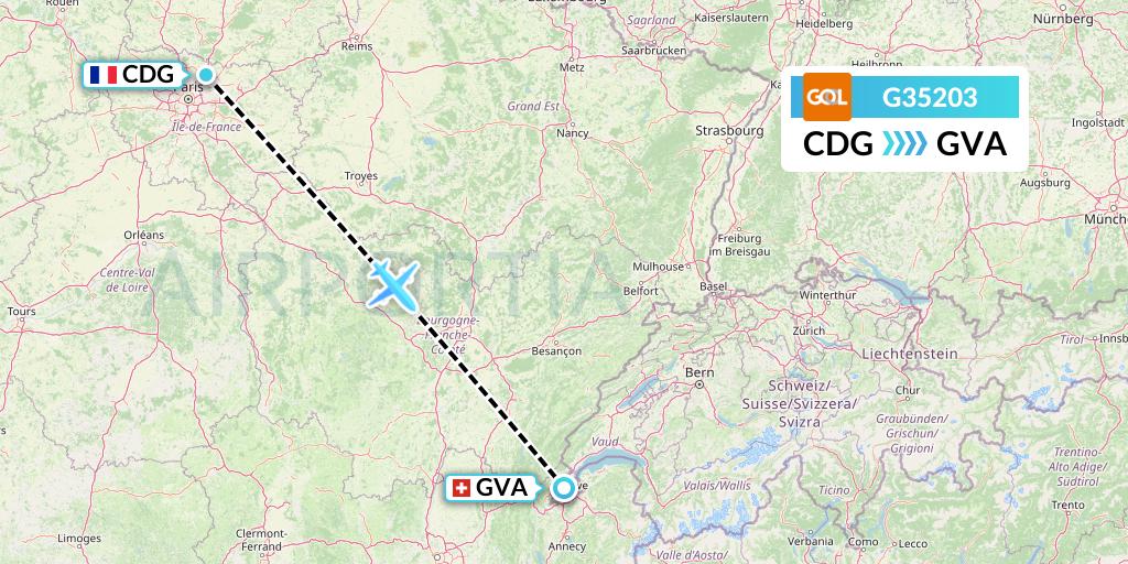G35203 GOL Transportes Aeros Flight Map: Paris to Geneva