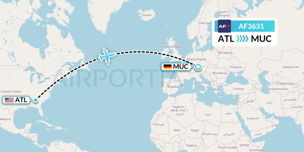 AF3631 Air France Flight Map: Atlanta to Munich