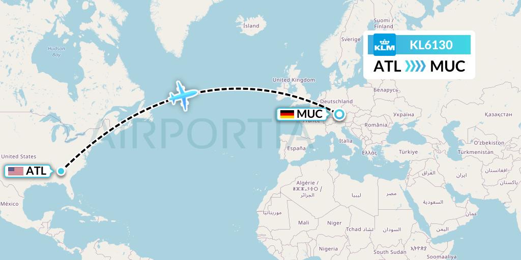 KL6130 KLM Flight Map: Atlanta to Munich