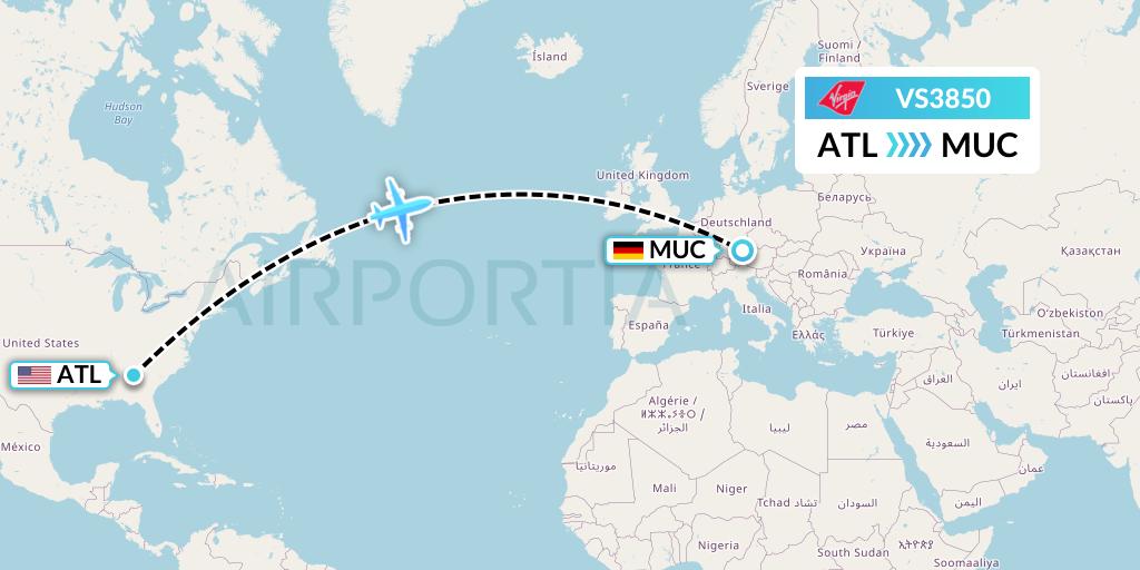 VS3850 Virgin Atlantic Airways Flight Map: Atlanta to Munich
