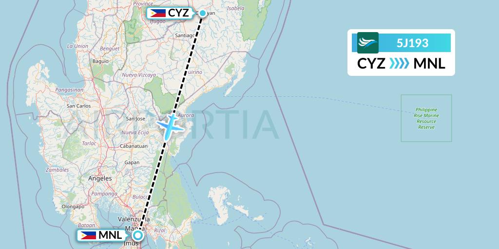 5J193 CEBU Pacific Air Flight Map: Cauayan City to Manila