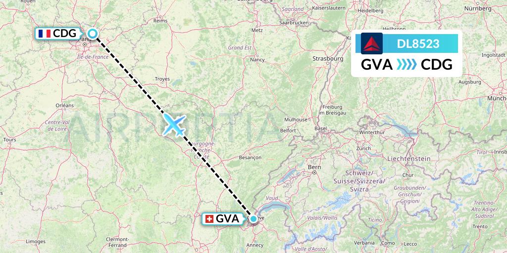 DL8523 Delta Air Lines Flight Map: Geneva to Paris