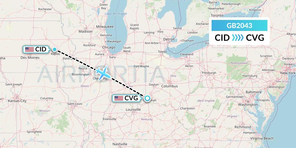 GB2043 ABX Air Flight Map: Cedar Rapids to Cincinnati