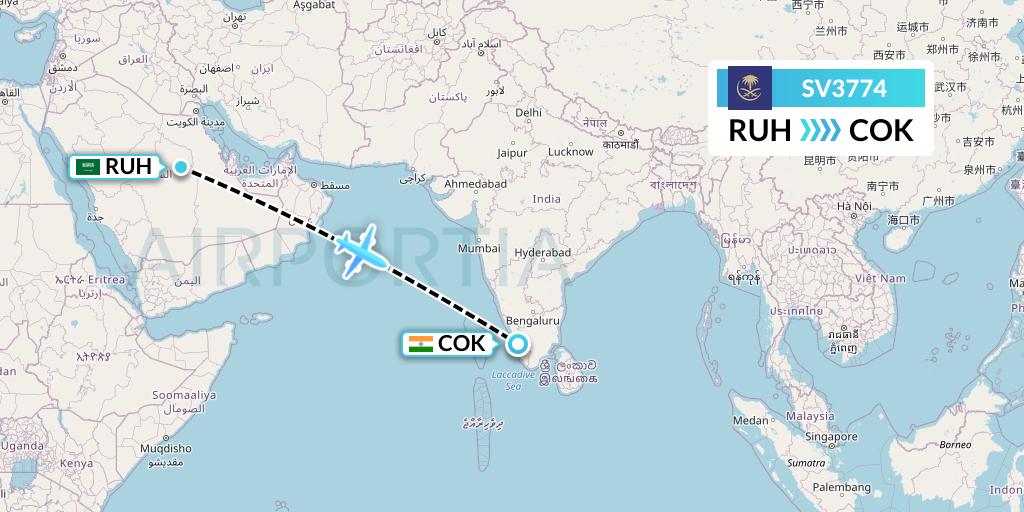 SV3774 Saudi Arabian Airlines Flight Map: Riyadh to Cochin