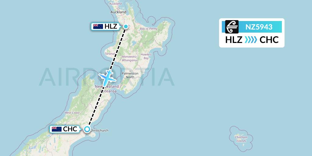 NZ5943 Air New Zealand Flight Map: Hamilton to Christchurch