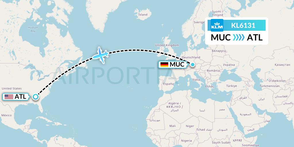KL6131 KLM Flight Map: Munich to Atlanta