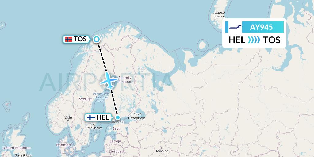 AY945 Finnair Flight Map: Helsinki to Tromso