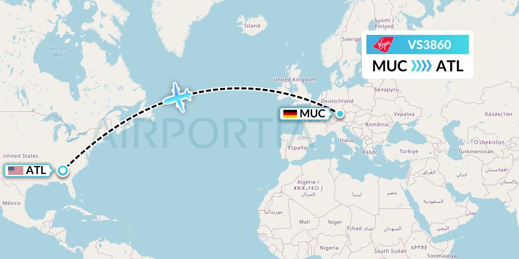 VS3860 Virgin Atlantic Airways Flight Map: Munich to Atlanta