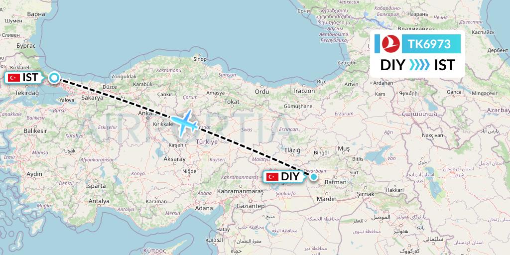 TK6973 Turkish Airlines Flight Map: Diyarbakir to Istanbul