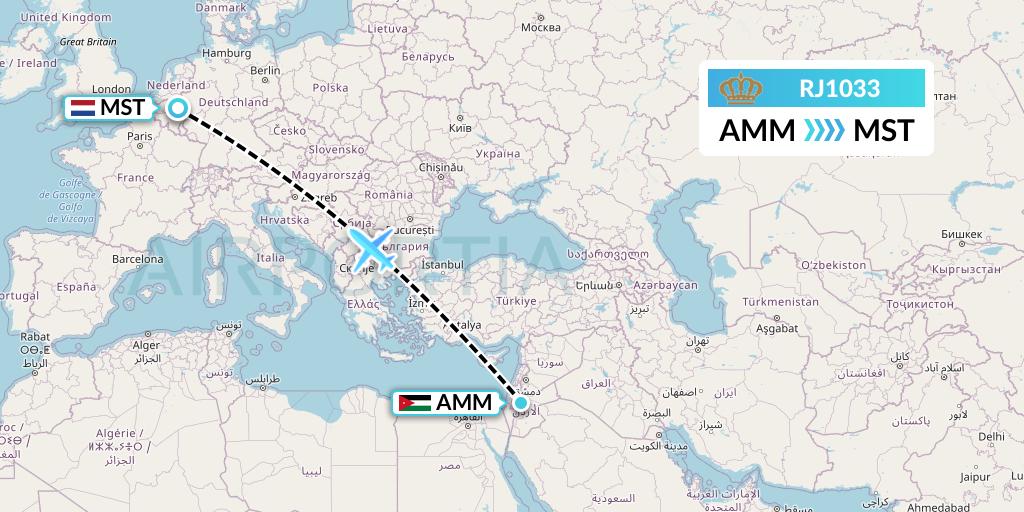RJ1033 Royal Jordanian Flight Map: Amman to Maastricht