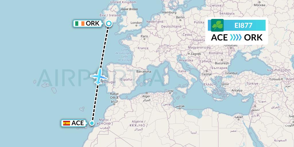 EI877 Aer Lingus Flight Map: Lanzarote to Cork