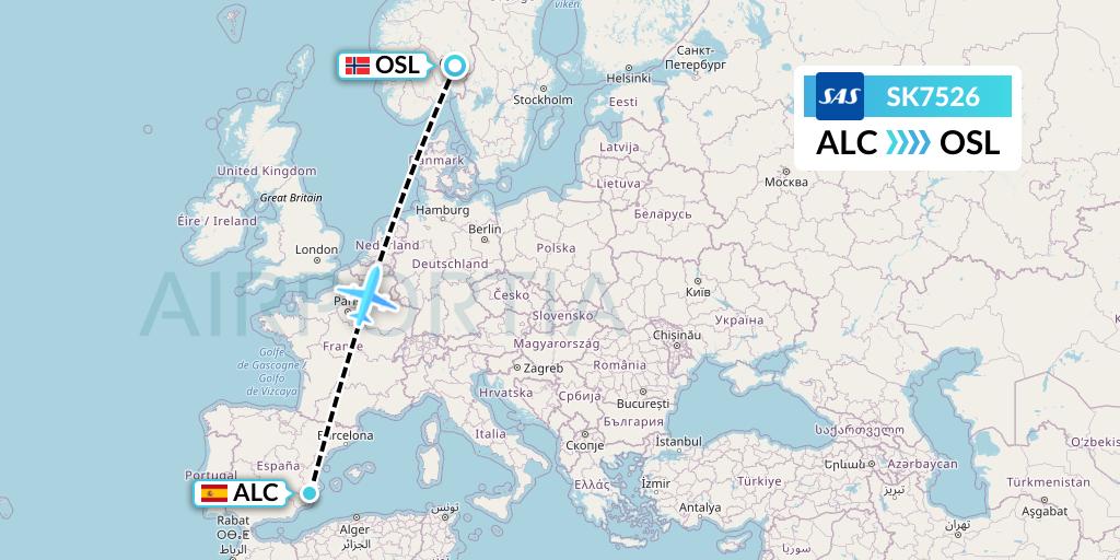 SK7526 SAS Flight Map: Alicante to Oslo