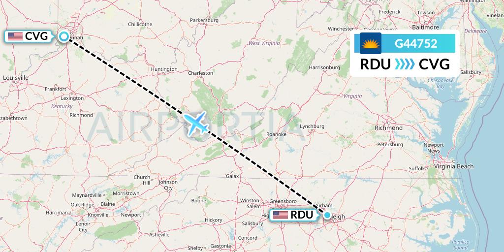 G44752 Allegiant Air Flight Map: Raleigh-Durham to Cincinnati
