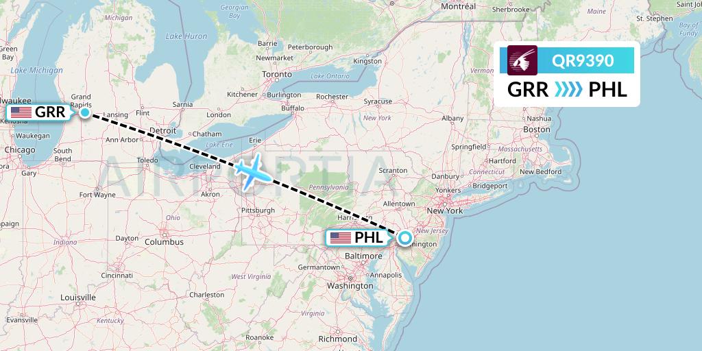 QR9390 Qatar Airways Flight Map: Grand Rapids to Philadelphia