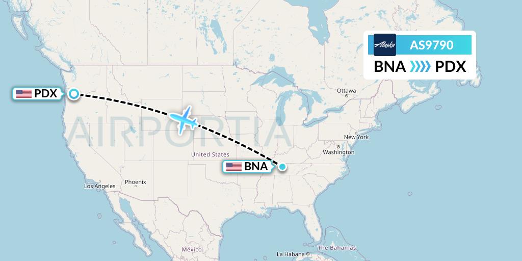 AS9790 Alaska Airlines Flight Map: Nashville to Portland
