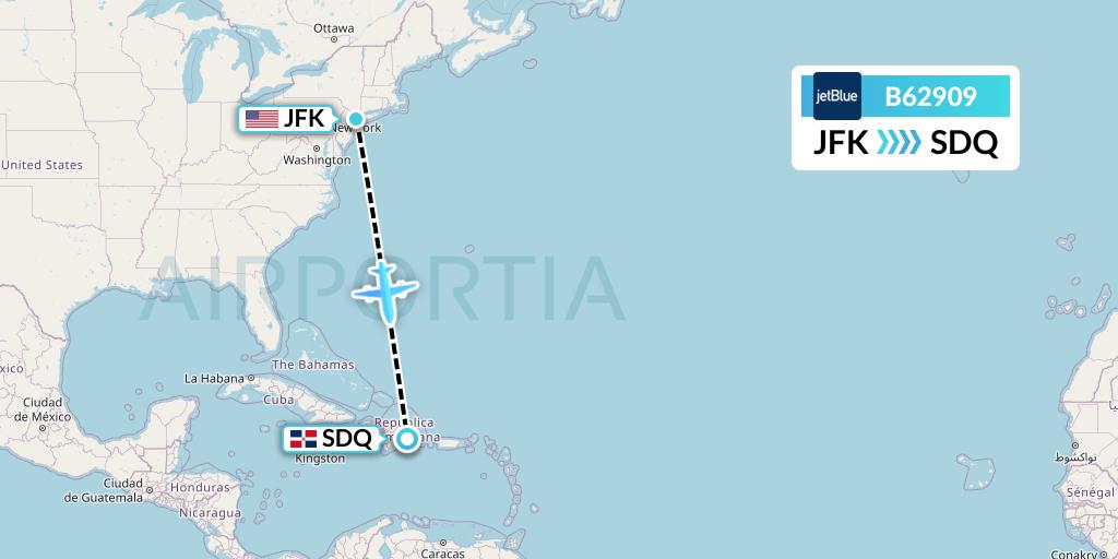 B62909 JetBlue Airways Flight Map: New York to Santo Domingo