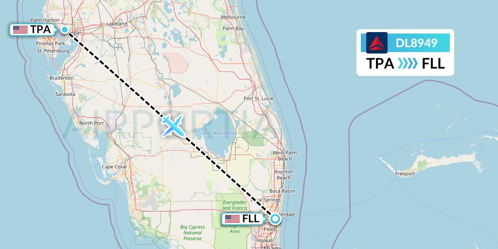 DL8949 Delta Air Lines Flight Map: Tampa to Fort Lauderdale