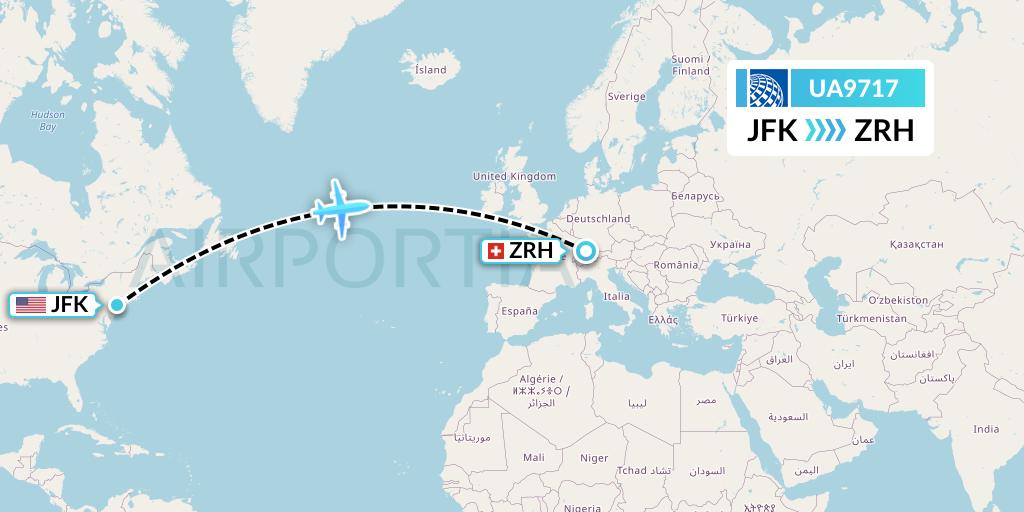 UA9717 United Airlines Flight Map: New York to Zurich