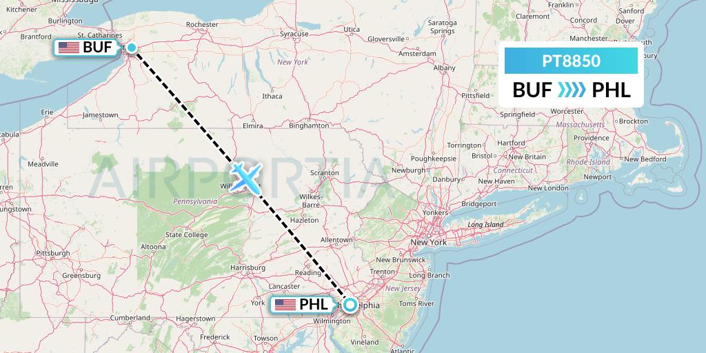 PT8850 Piedmont Airlines Flight Map: Buffalo to Philadelphia
