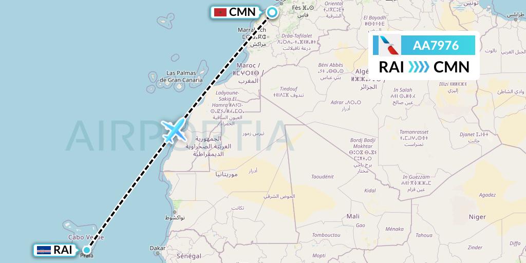 AA7976 American Airlines Flight Map: Praia to Casablanca