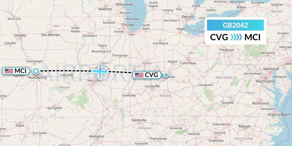 GB2042 ABX Air Flight Map: Cincinnati to Kansas City