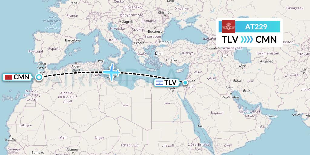 AT229 Royal Air Maroc Flight Map: Tel Aviv to Casablanca