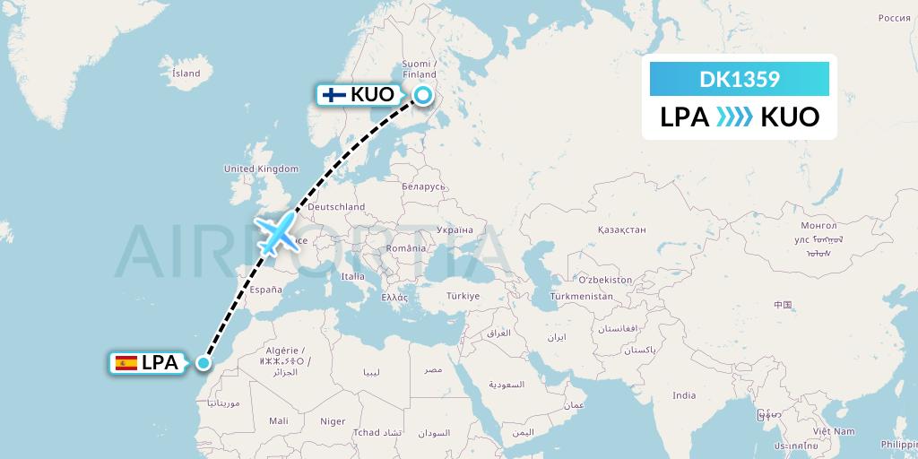 DK1359 Thomas Cook Airlines Scandinavia Flight Map: Las Palmas to Kuopio