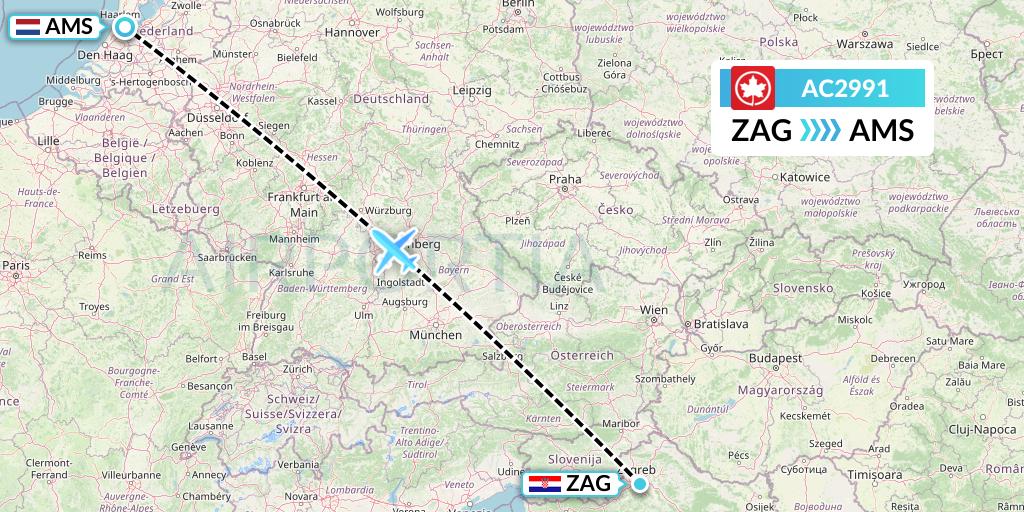 AC2991 Air Canada Flight Map: Zagreb to Amsterdam