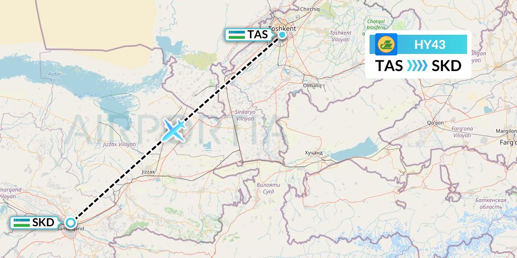 HY43 Uzbekistan Airways Flight Map: Tashkent to Samarkand