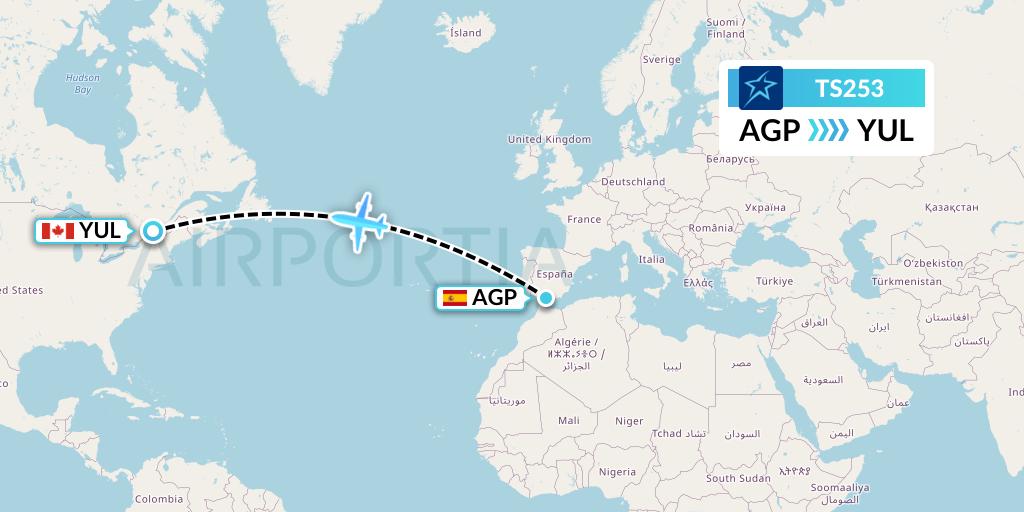 TS253 Air Transat Flight Map: Malaga to Montreal