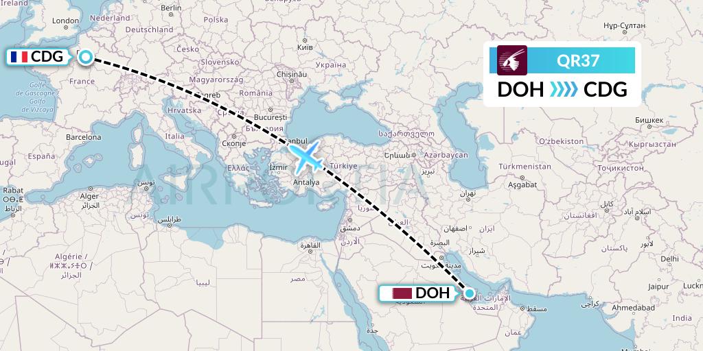 QR37 Qatar Airways Flight Map: Doha to Paris