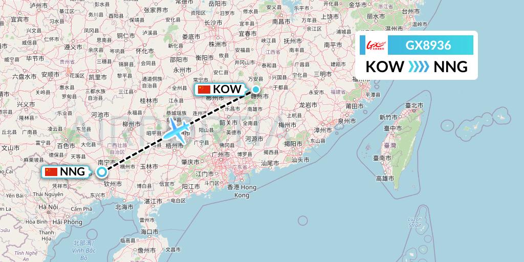 GX8936 GX Airlines Flight Map: Ganzhou to Nanning