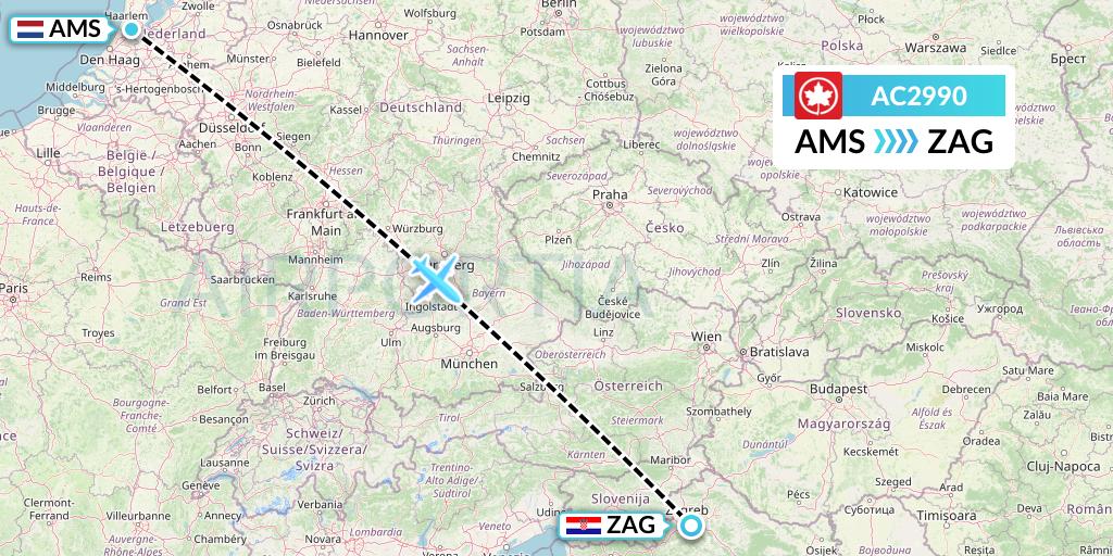 AC2990 Air Canada Flight Map: Amsterdam to Zagreb