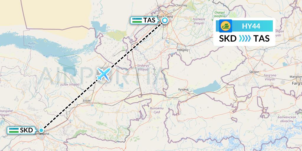 HY44 Uzbekistan Airways Flight Map: Samarkand to Tashkent