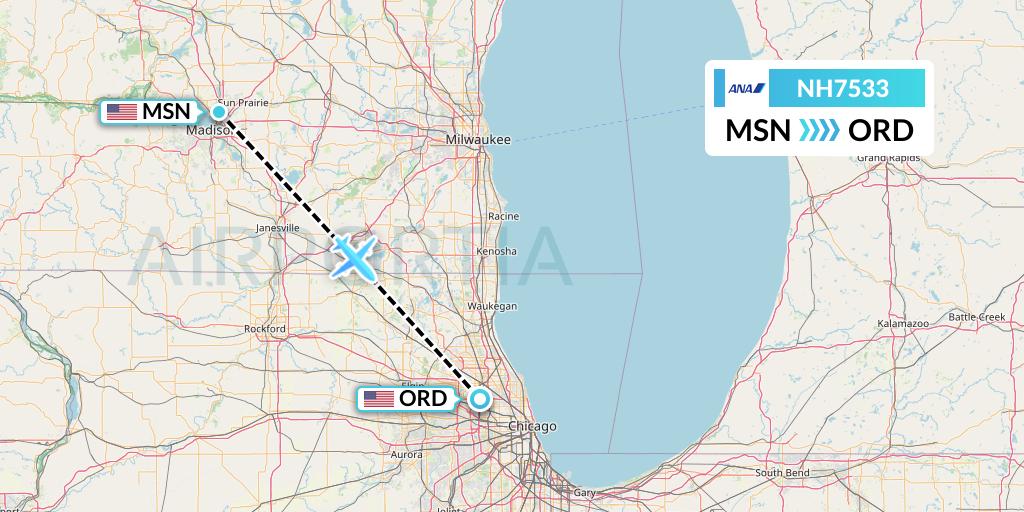 NH7533 All Nippon Airways Flight Map: Madison to Chicago