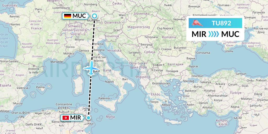 TU892 Tunisair Flight Map: Monastir to Munich