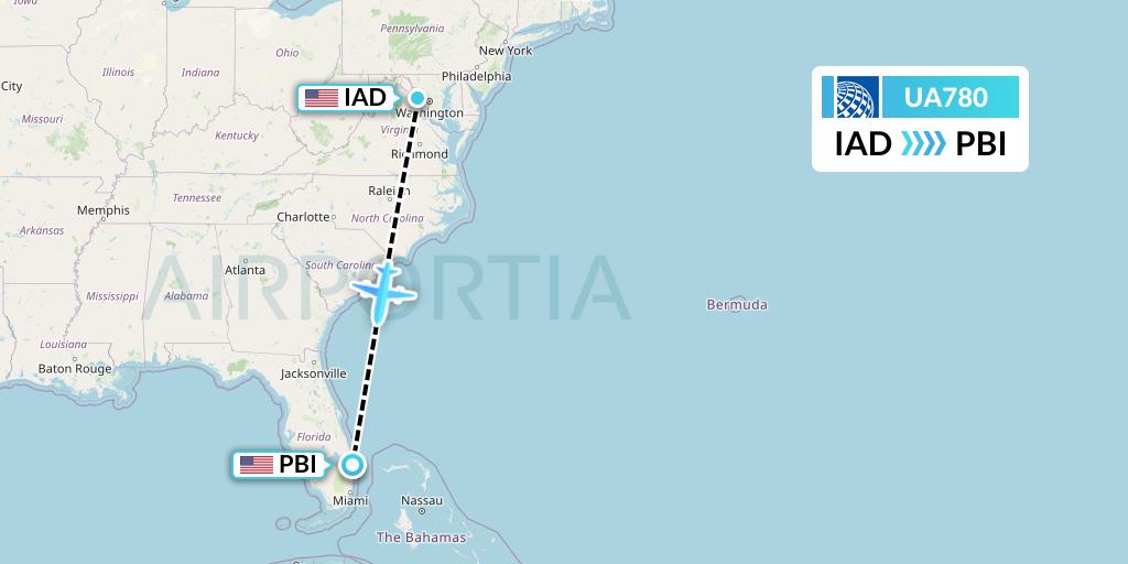 UA780 United Airlines Flight Map: Washington to West Palm Beach