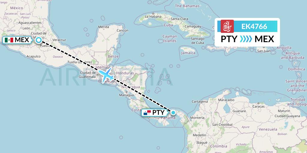 EK4766 Emirates Flight Map: Panama City to Mexico City