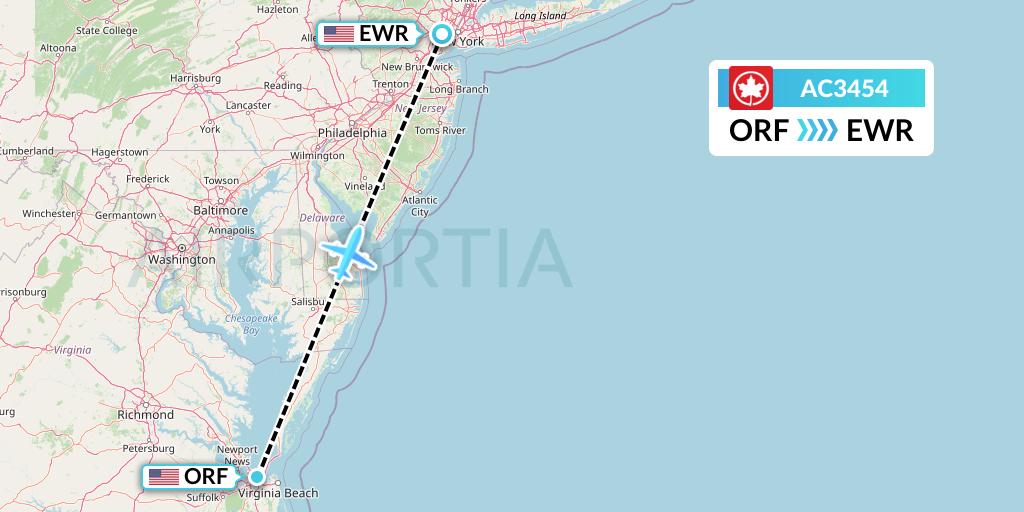 AC3454 Air Canada Flight Map: Norfolk to New York