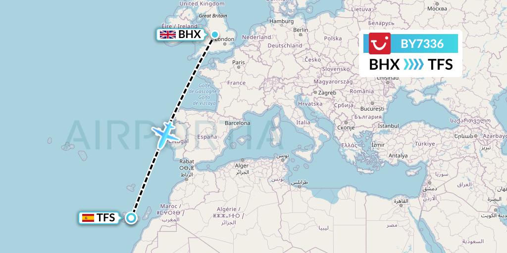 BY7336 TUI Airways Flight Map: Birmingham to Tenerife