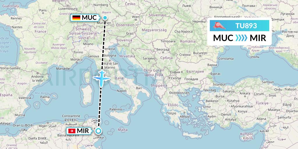 TU893 Tunisair Flight Map: Munich to Monastir