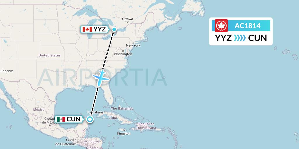 AC1814 Air Canada Flight Map: Toronto to Cancun