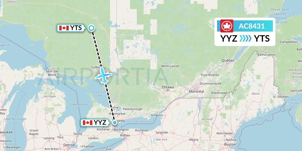 AC8431 Air Canada Flight Map: Toronto to Timmins