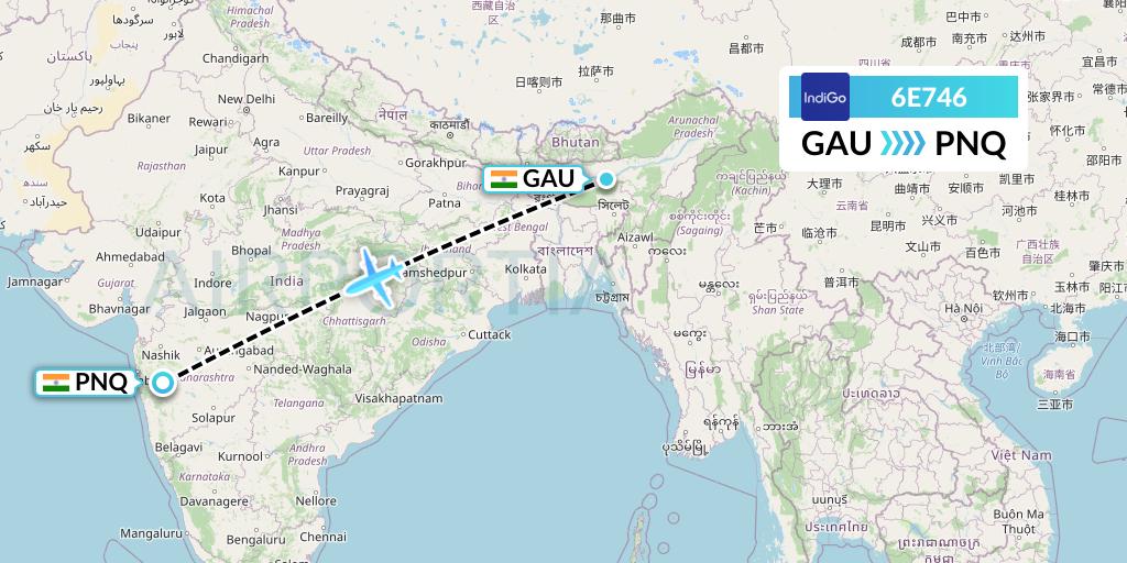 6E746 IndiGo Airlines Flight Map: Guwahati to Pune